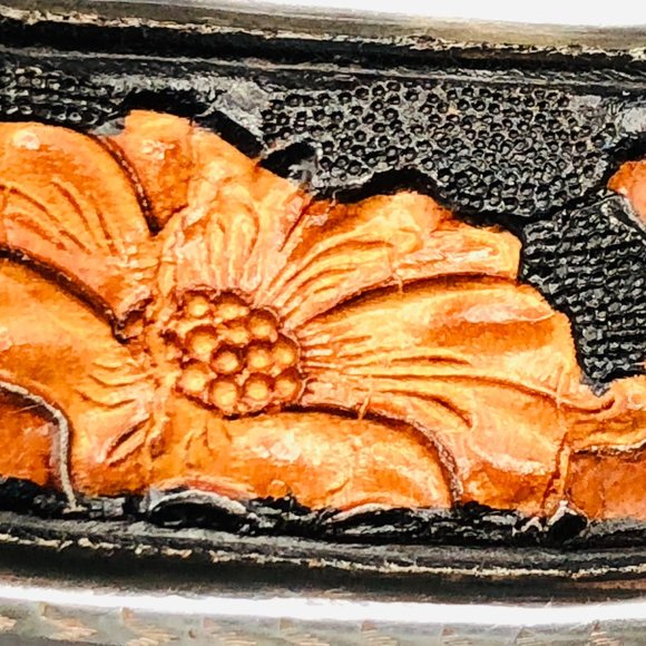 Vtg Peyote Bird Designer Tooled Leather Cuff Bracelet, Sterling Silver, 40.4 Gm - Picture 9 of 15